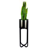 Tall Black Plant Stand with Silver Metal Planter – 62cm Indoor Planter Stand, Adjustable Feet