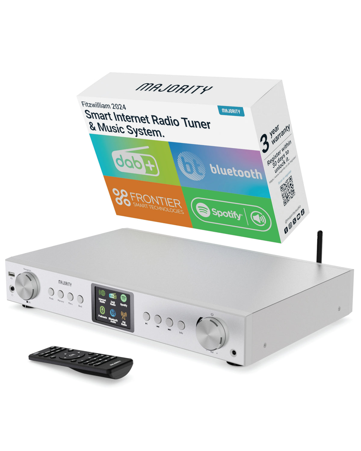 Majority Fitzwilliam 2 Hi-Fi System – Internet, DAB/DAB+ & FM Radio with Spotify Connect, Bluetooth, Silver