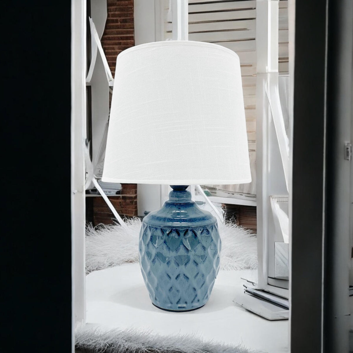 AcaciaHome 40cm Blue Ceramic Table Lamp with White Drum Shade – Corded 240V Home & Office Lighting