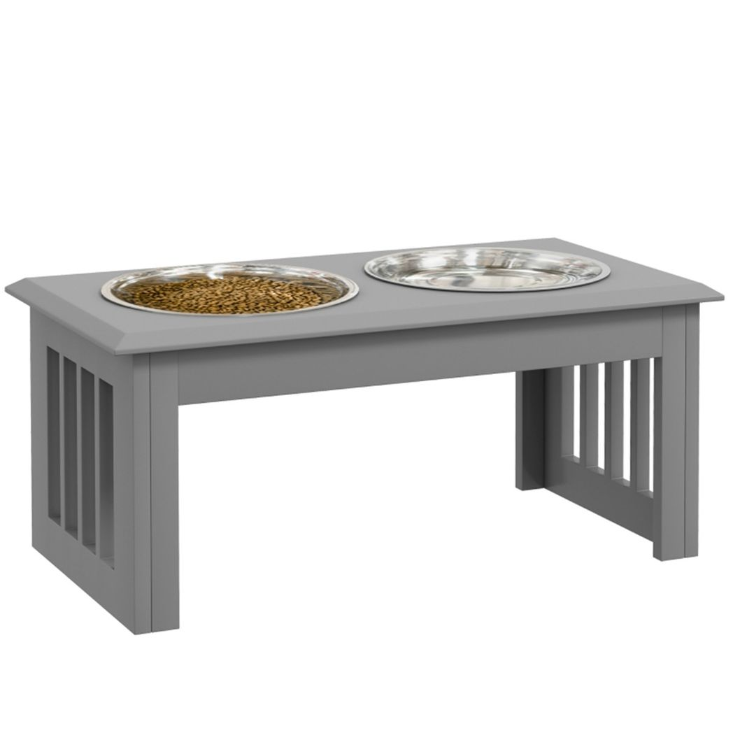 PawHut Elevated Dog Bowls with Stainless Steel Double Bowls & Anti-Slip Feet – Raised Pet Feeder Stand, Grey