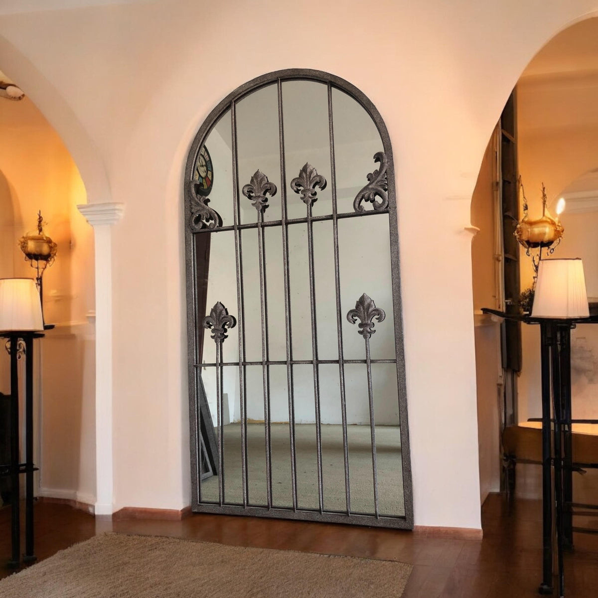 AcaciaHome Framed Arched Wall Mirror, 120cm with Rust-Finish Iron Frame & Floral Design – Indoor or Outdoor