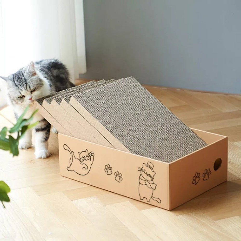 5-Pack Cat Box Scratcher with Storage Box – Heavy Duty Corrugated Cardboard Scratching Board and Bed
