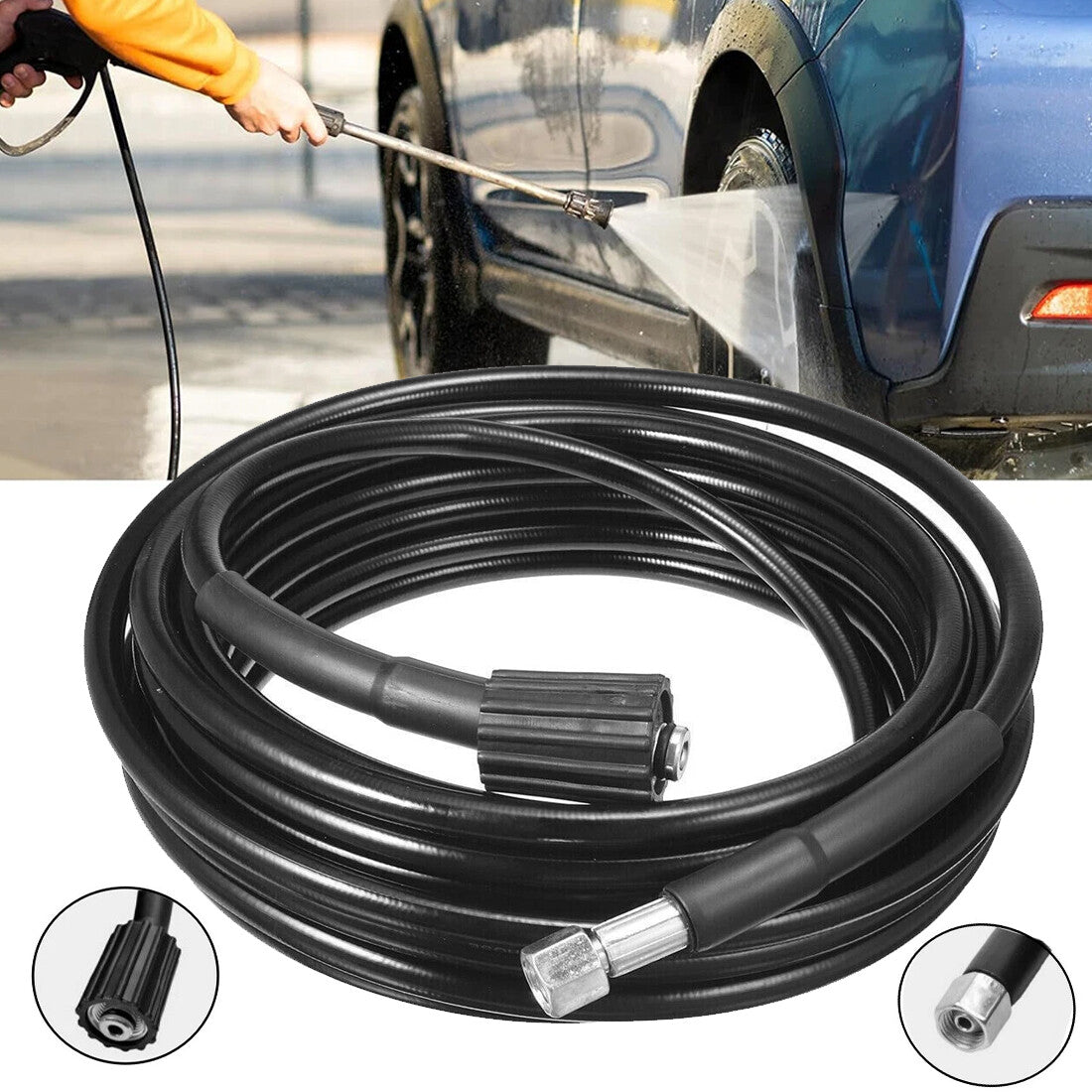 10m Replacement Pressure Washer Hose with M22 & M14 Connectors – Heavy Duty 5800 PSI PVC Jet Wash Pipe, Black