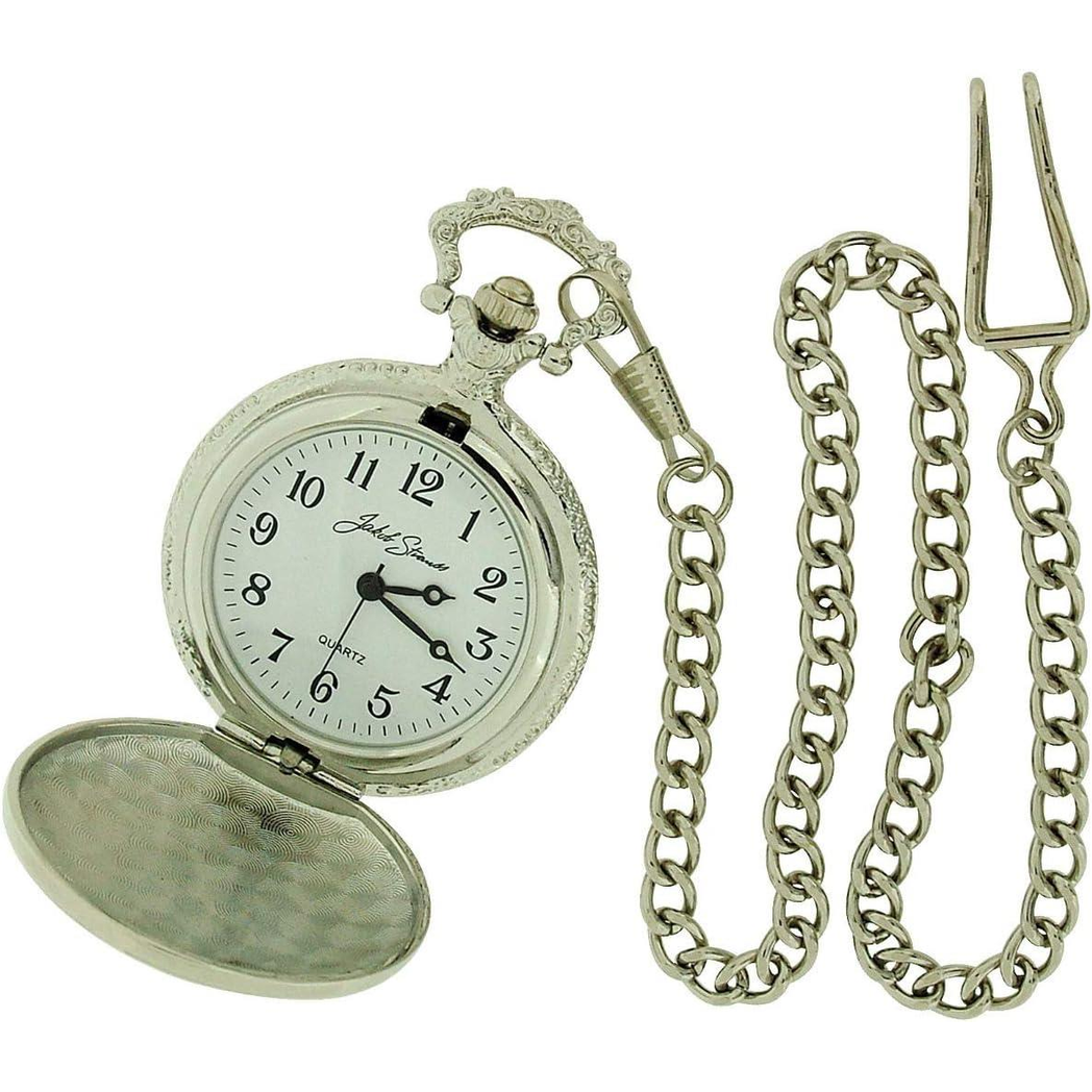 Jakob Strauss Dad Pocket Watch with Silver Tone Case & 12 Inch Brass Chain – Gift Watch, Matte White Dial