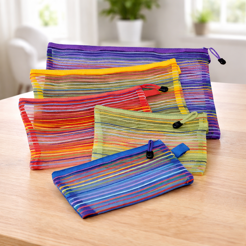 Avilo Mesh Zip Up Travel Bags, Set of 5 – Organiser Pouches for Accessories, Cosmetics & Cables