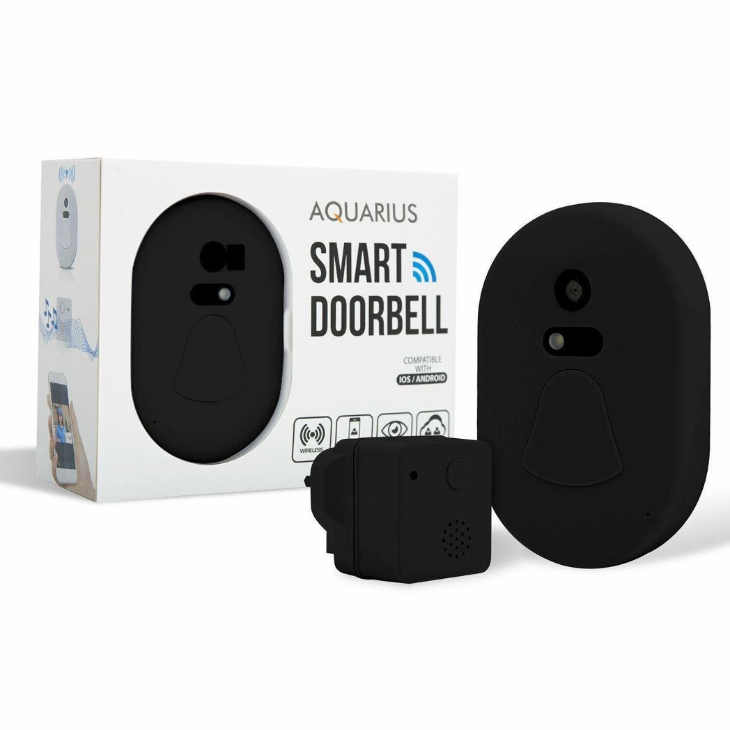Aquarius Wireless WiFi Smart Video Doorbell with Night Vision & Two-Way Audio – Anti-Theft Alarm, Black