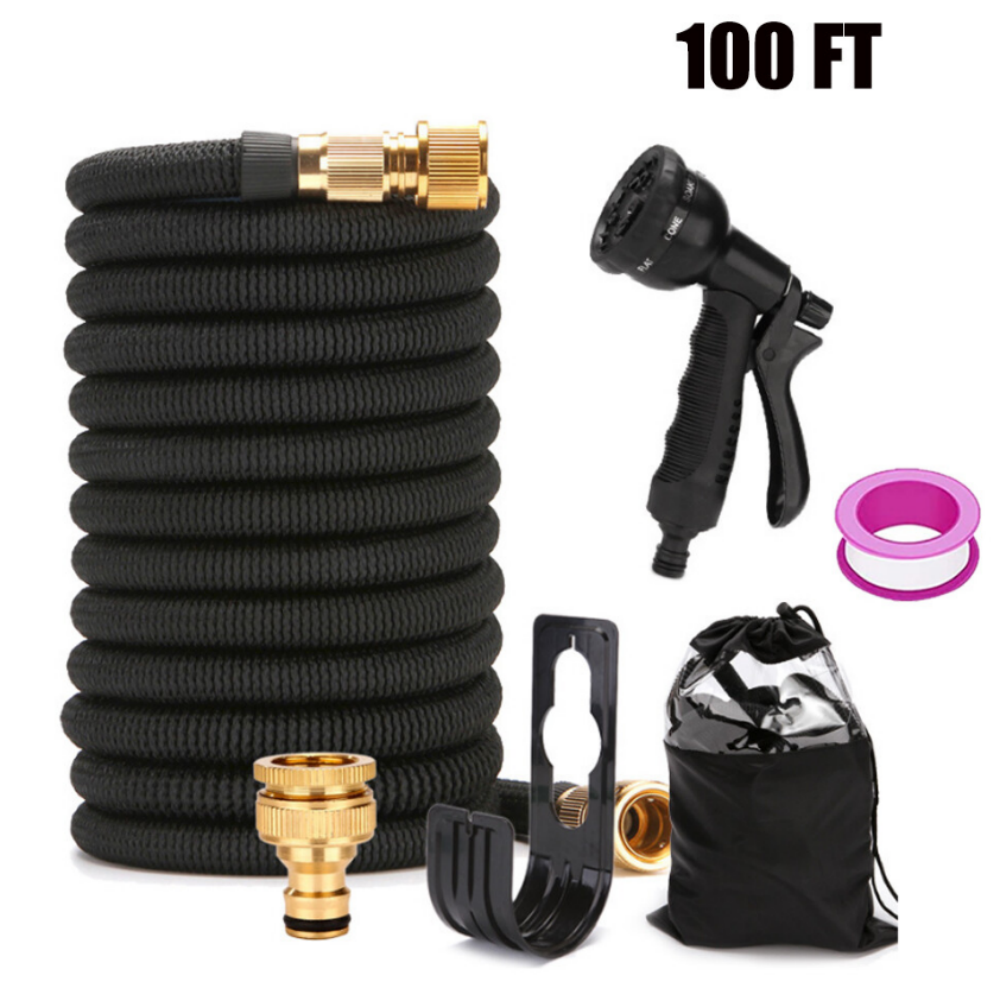 Heavy Duty Expandable Garden Hose, 100ft with 8-Pattern Spray Gun – Triple-Layer Latex, Kink-Free Kit