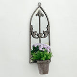 Elegant Rustic Arched Garden Wall Mirror with Flower Pot Holder – Patina Finish, Glass & Metal Frame
