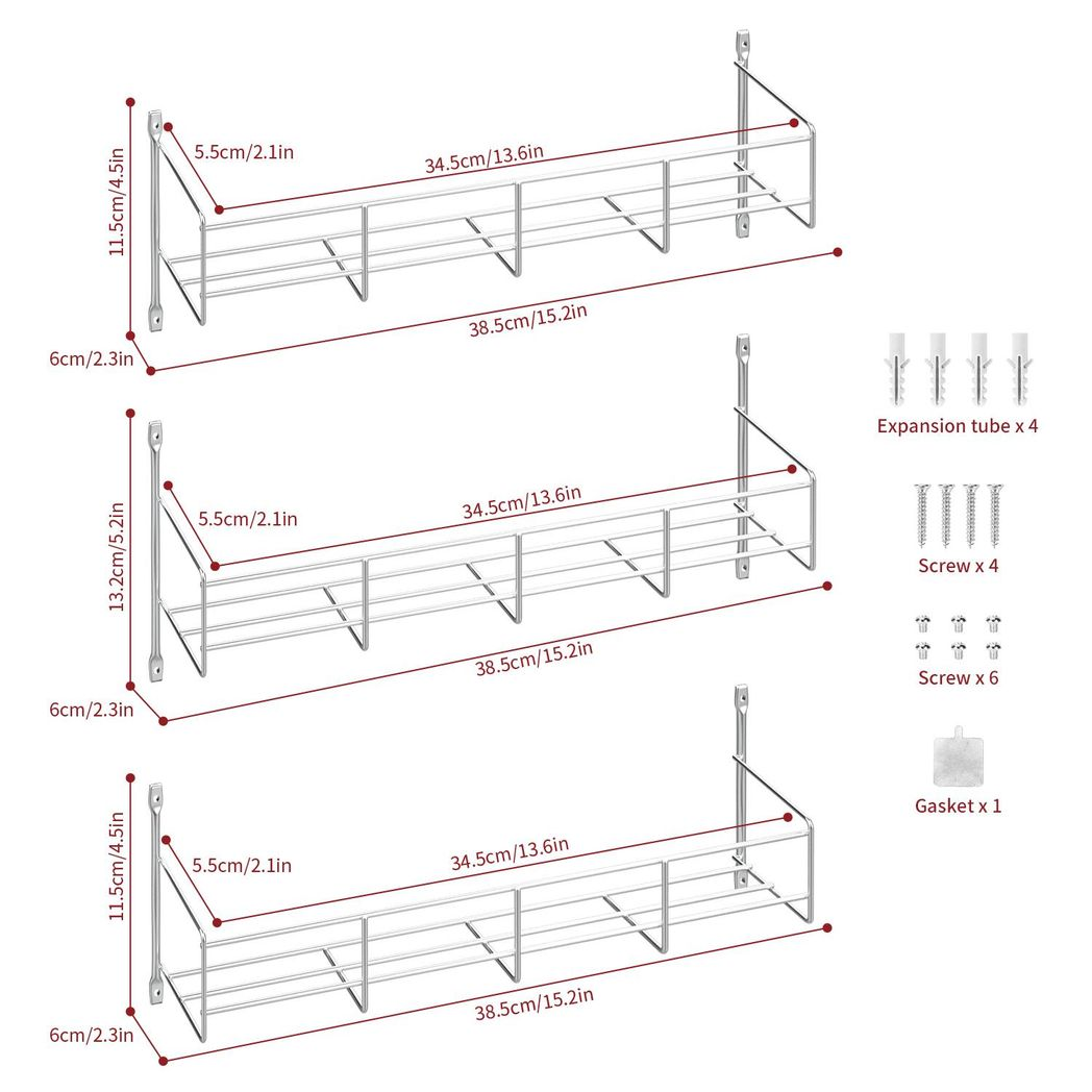Vinsani 3 Tier Herb & Spice Rack with Chrome Finish, Holds 24 Jars – Wall or Cupboard Door Mounted
