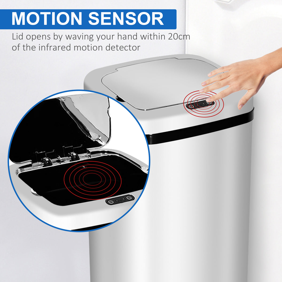 HOMCOM 50L Motion Sensor Kitchen Bin with Touch-Free Lid – Lightweight ABS Waste Bin, Silver & Black