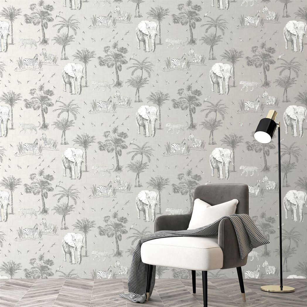 Arthouse Safari Lagoon Wallpaper with Hand-Drawn Safari Animals & Palm Trees – Linen-Look Feature Wall, Grey