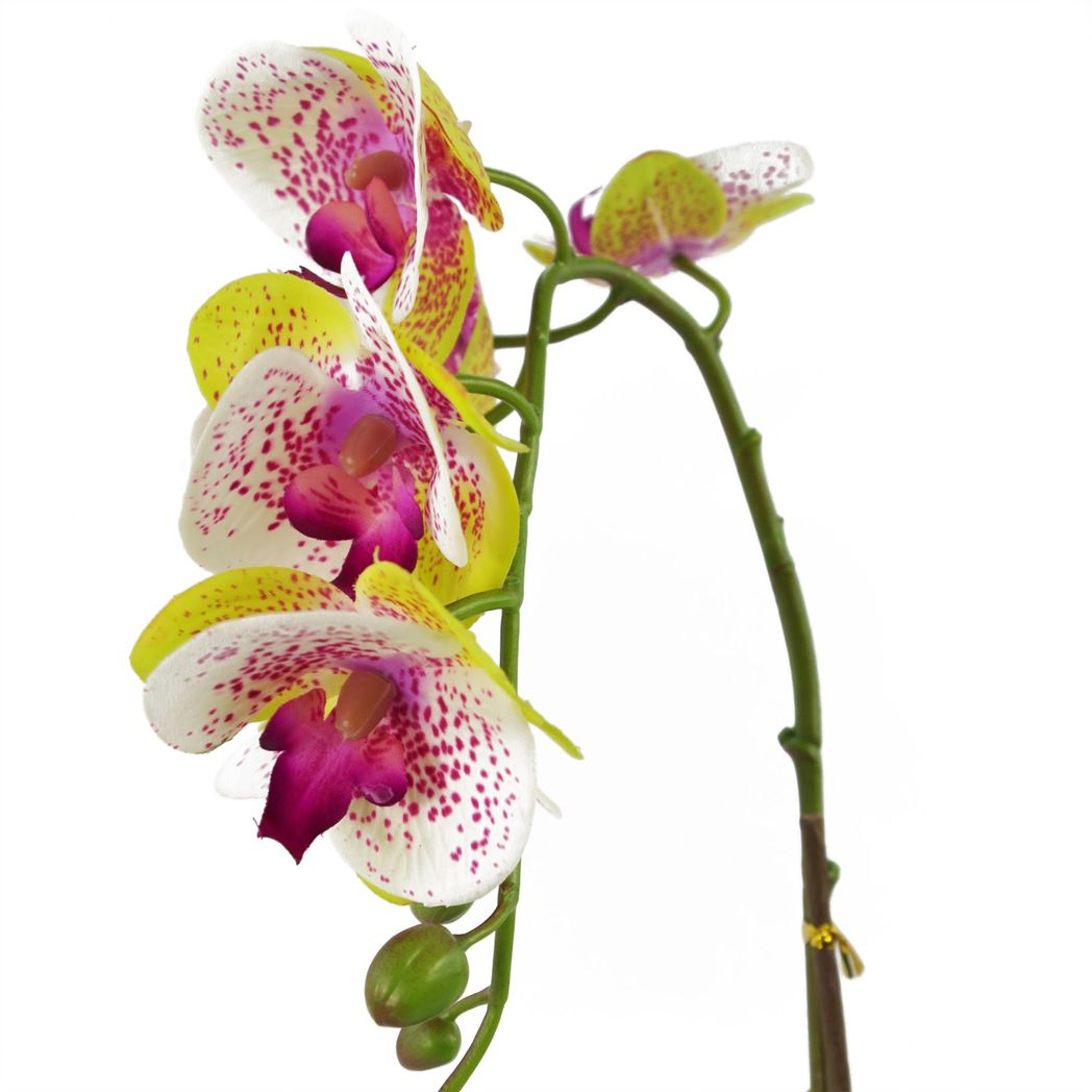 Leaf Artificial Orchid with Real Touch Flowers & Silver Pot – 46cm Realistic Faux Plant, Harlequin Pink