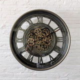 AcaciaHome 60cm Industrial Roman Numeral Wall Clock with Moving Gears – Quartz, Black & Grey