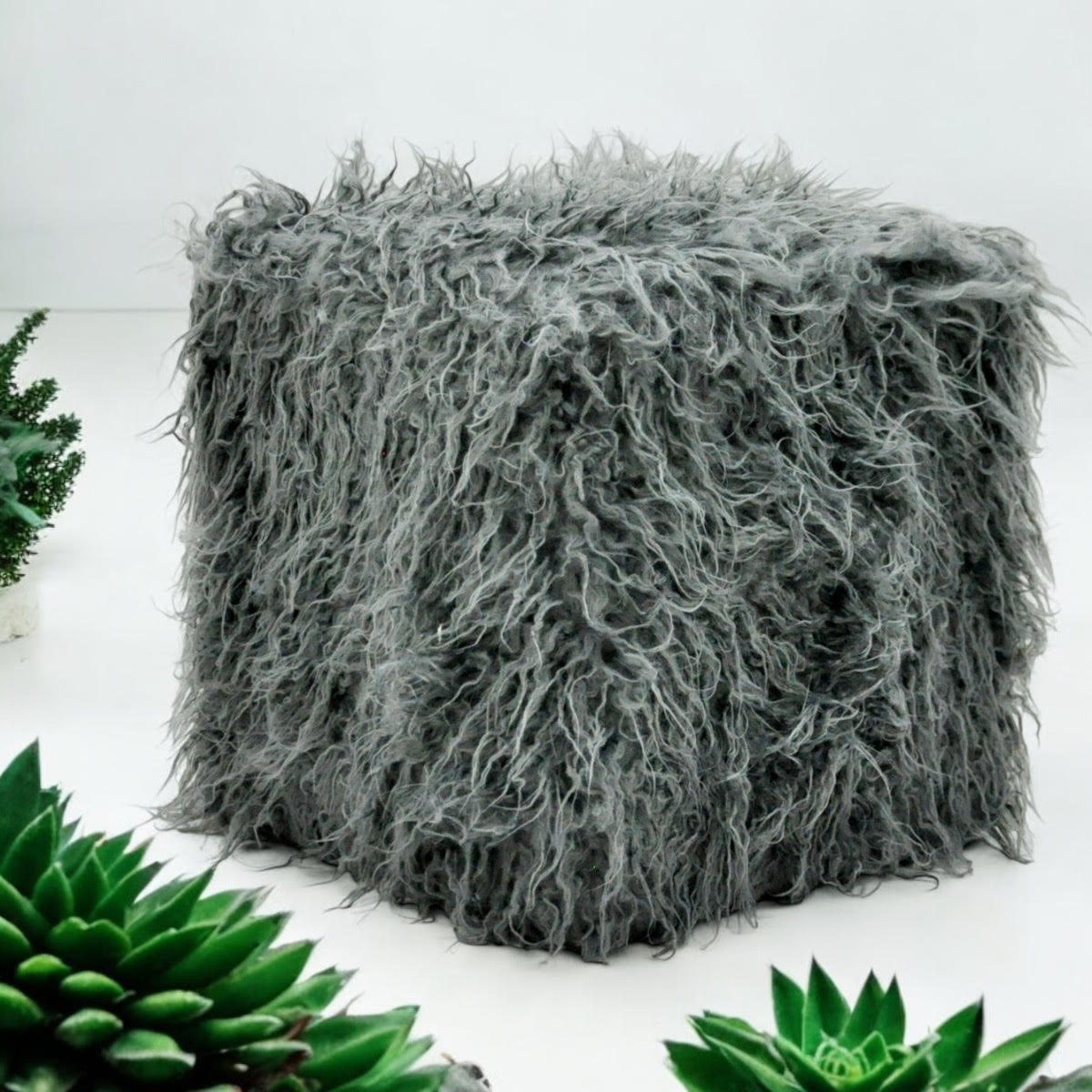 Dark Grey Faux Fur Cube Ottoman Footstool, 38cm – Super-Soft Sponge-Padded Footrest for Home or Office