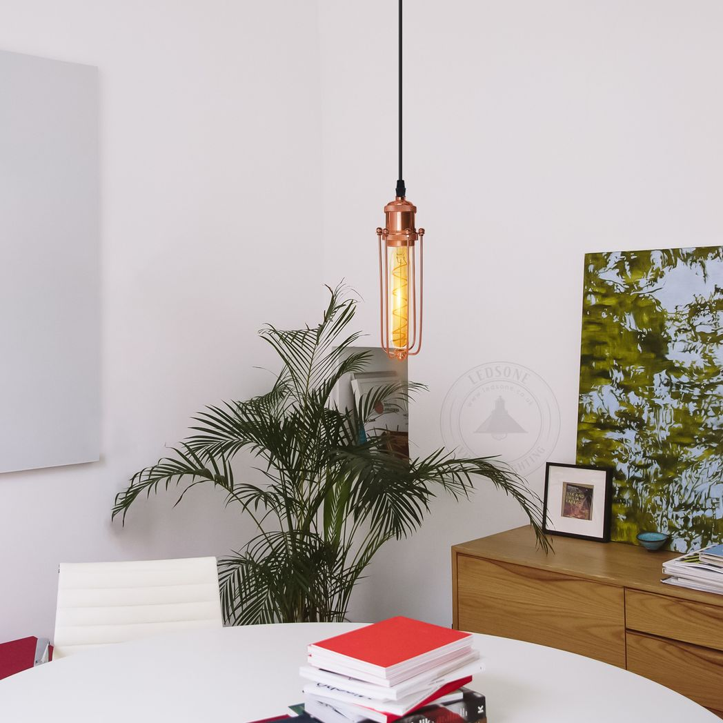 LEDSONE Rose Gold Wire Cage Pendant Light with 95cm Adjustable Cord – Industrial Vintage E27 Lamp