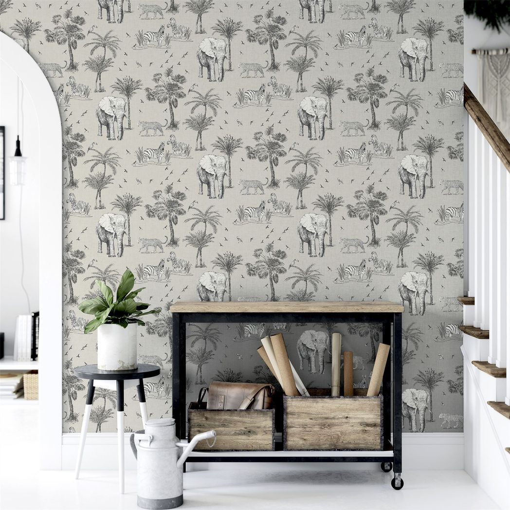 Arthouse Safari Lagoon Wallpaper with Hand-Drawn Safari Animals & Palm Trees – Linen-Look Feature Wall, Grey