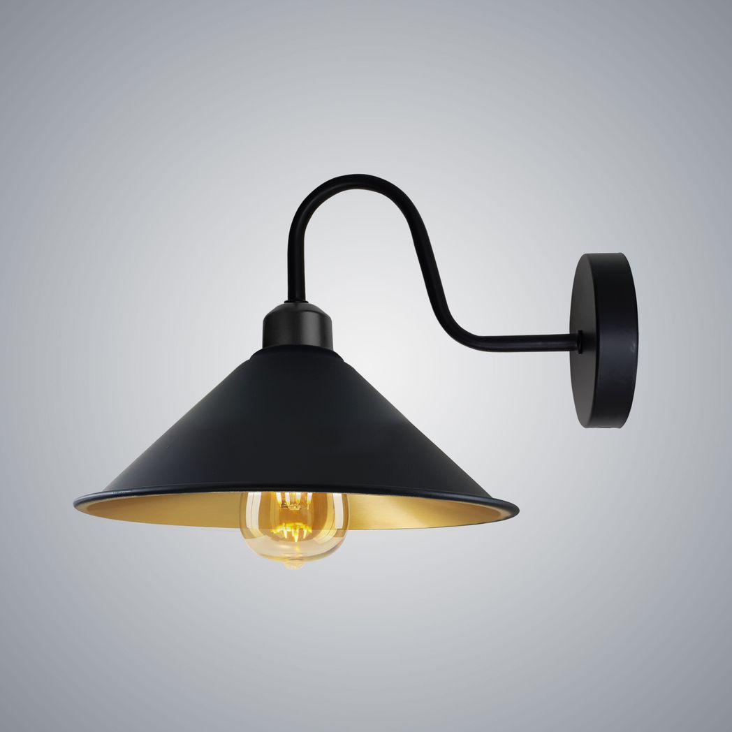 Vintage Swan Neck Wall Light with Cone Shade and E27 Socket – Dimmable Indoor Wall Sconce, Black with Gold Interior