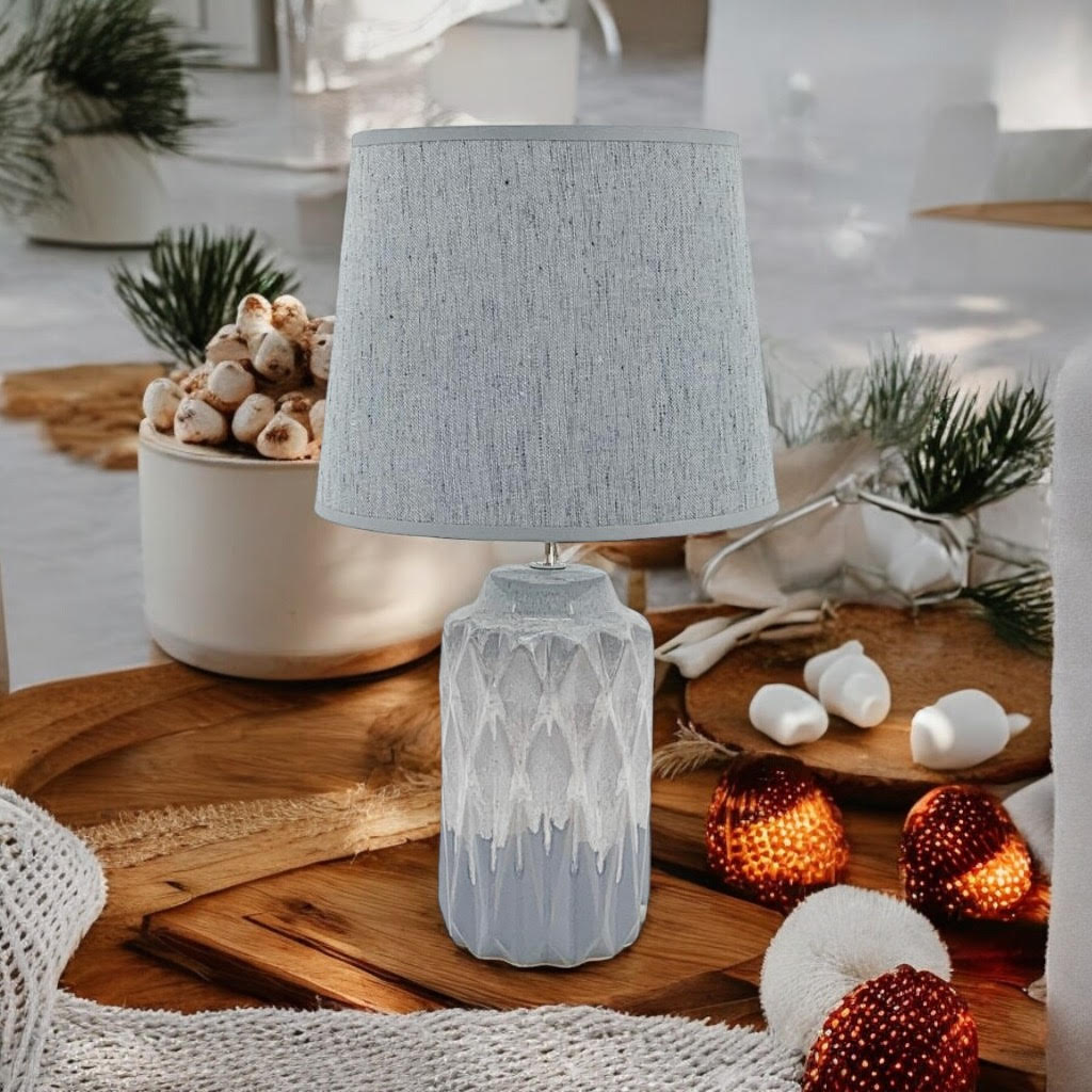AcaciaHome Grey Two-Tone Ceramic Table Lamp with Drum Shade – 40cm Bedside & Desk Lighting