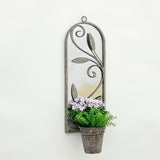 Elegant Rustic Arched Garden Wall Mirror with Flower Pot Holder – Patina Finish, Glass & Metal Frame