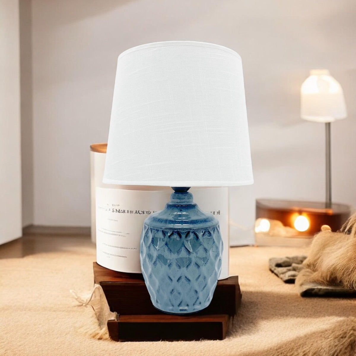 AcaciaHome 40cm Blue Ceramic Table Lamp with White Drum Shade – Corded 240V Home & Office Lighting