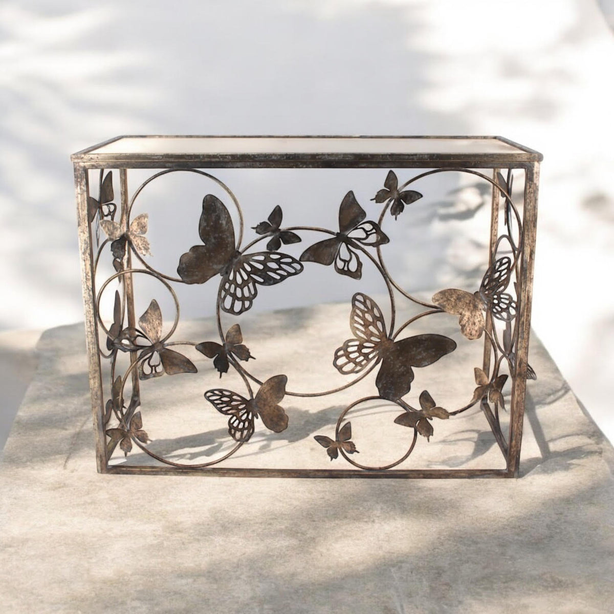 AcaciaHome Gold Butterfly Console Table with Glass Top – Art Deco Metal Sideboard for Living Room or Hallway