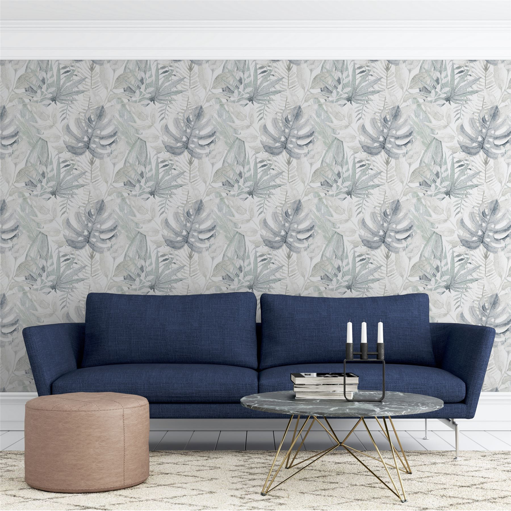 Arthouse Chalky Tropical Vinyl Wallpaper with Delicate Foliage – Paste the Wall Feature Wall, Soft Navy
