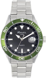 Ravel Mens Sports Watch – 42mm, 5ATM, Date Dial, Uni-Directional Bezel, Silver Plated Bracelet
