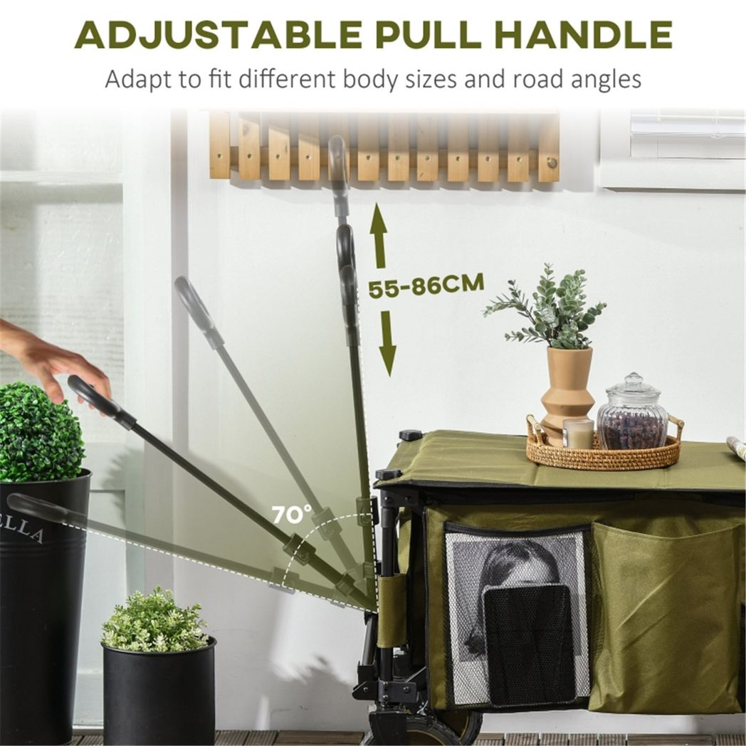 Folding Garden Cart with 4 Braked Wheels, Adjustable Handle & Top Cover – 125L Trolley for Camping & Gardening, Green