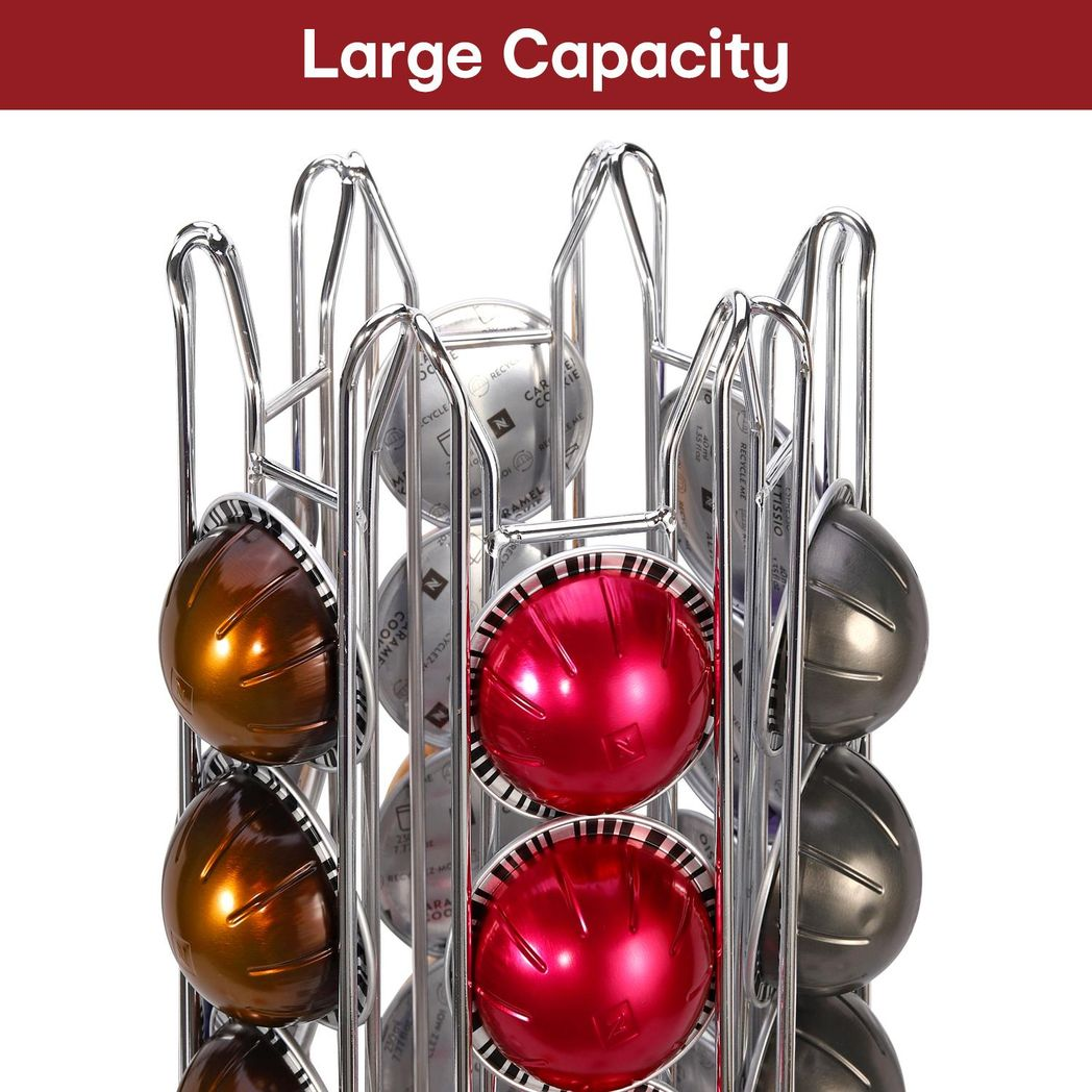Vinsani 48 Pod Coffee Capsule Stand with 6 Wells – Organised Pod Holder with Clear Flavour Labels, Chrome