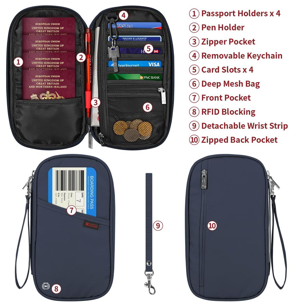 VINSANI Deluxe Passport & Travel Document Organiser with Card Slots & Zip – Navy Blue