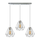 LEDSONE 3-Head Ceiling Pendant with 20cm Chrome Diamond Wire Cages – Vintage Industrial Rectangular Base