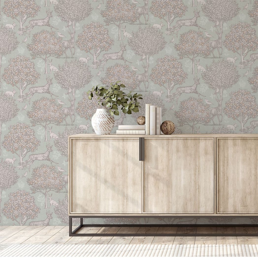 Arthouse Woodland Scene Wallpaper with Deer, Birds and Rabbits – Country Style Feature Wall, Sage Green