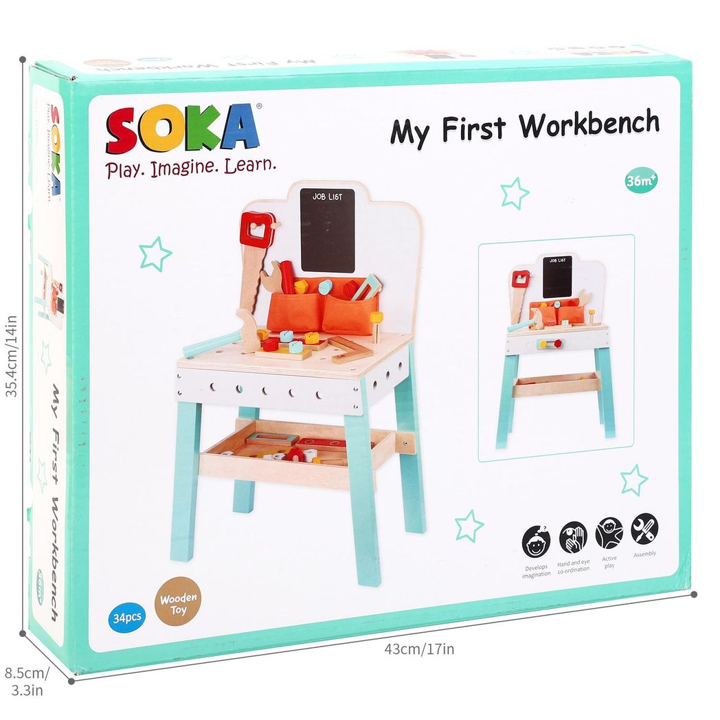 SOKA My First Wooden Workbench with DIY Tools – Chunky Pretend Play Toy for Little Builders
