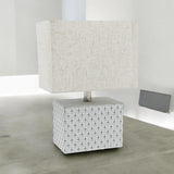 Cream Cement Table Lamp with Diamond Pattern Base & Empire Fabric Shade – Art Deco Style