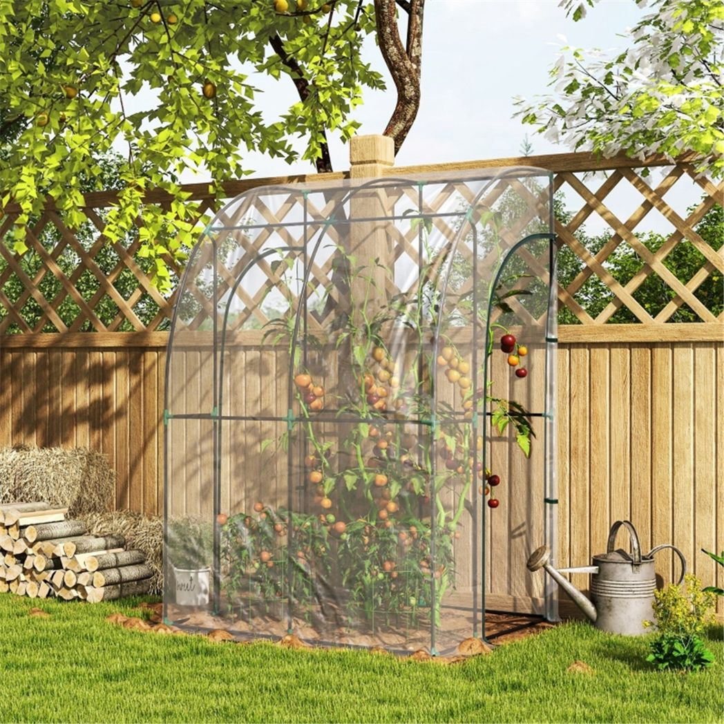 Walk-In Lean-To Wall Greenhouse with Steel Frame, Plastic Cover & 2 Zipped Doors – 143 x 118 x 212cm