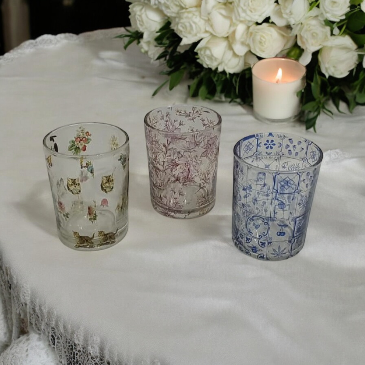 Glass Votive Holder, 10cm – Vintage-Style Washed White Tealight Candle Holder