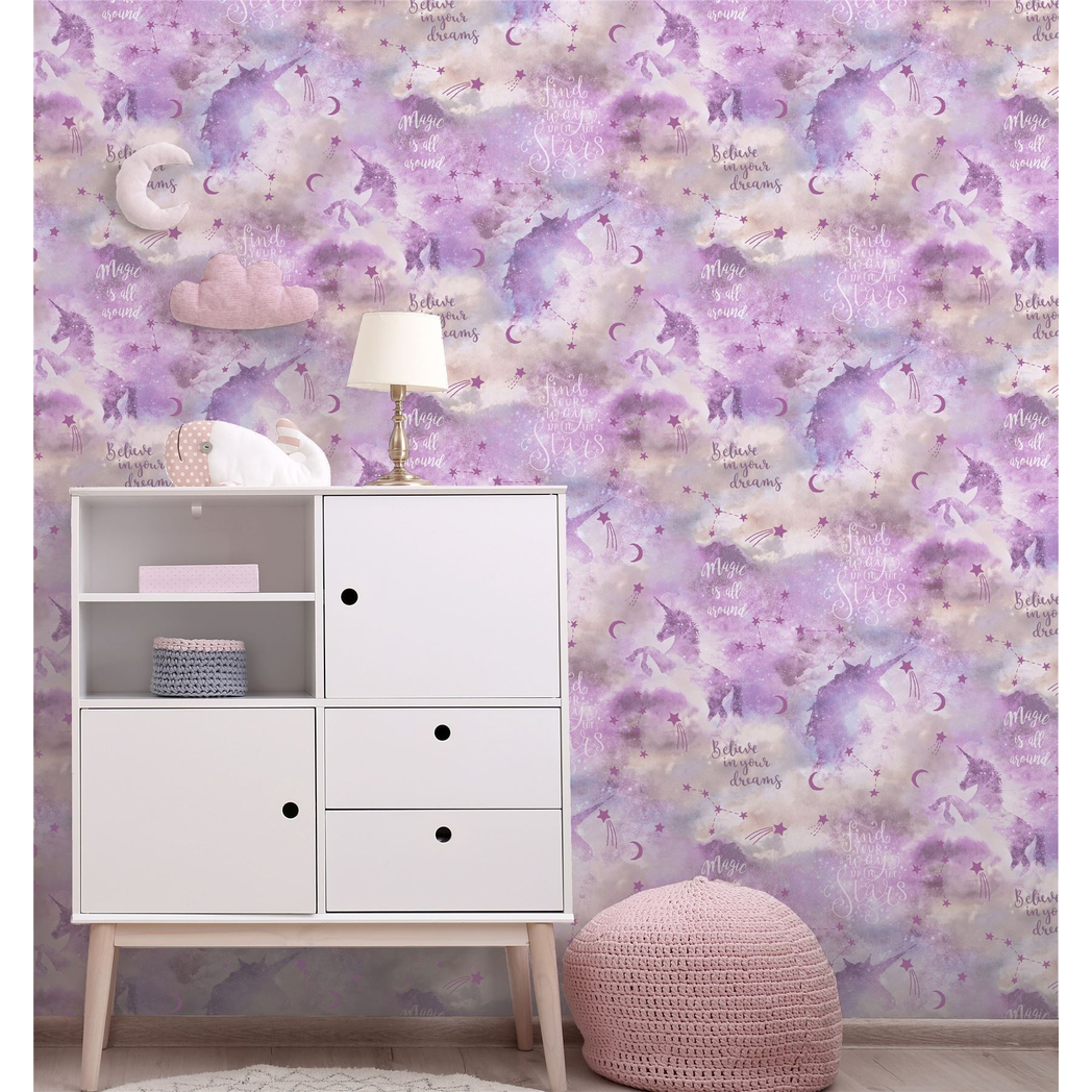 Arthouse Galaxy Unicorn Vinyl Wallpaper with Soft Glitter – Paste the Paper Kids Room Covering, Blush Multi