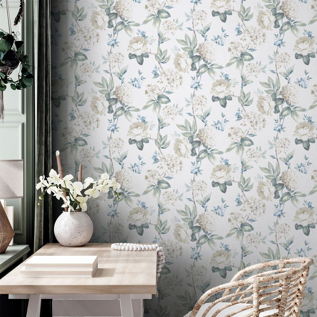 Arthouse Keeka Floral Wallpaper – Elegant Trailing Flowers for Feature Walls, Blue & Cream