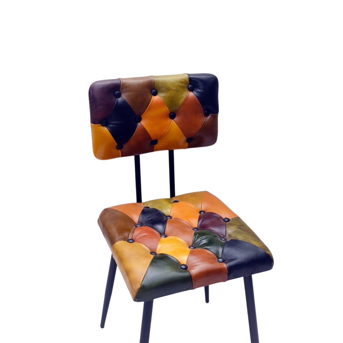 AcaciaHome Retro Patchwork Leather Dining Chair with Metal Legs – Mid-Century Style Accent Chair