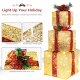 Set of 3 Golden Gift Box Christmas Decorations with Lights, 6, 8 and 10 Inch, 5M Cord – Indoor and Outdoor