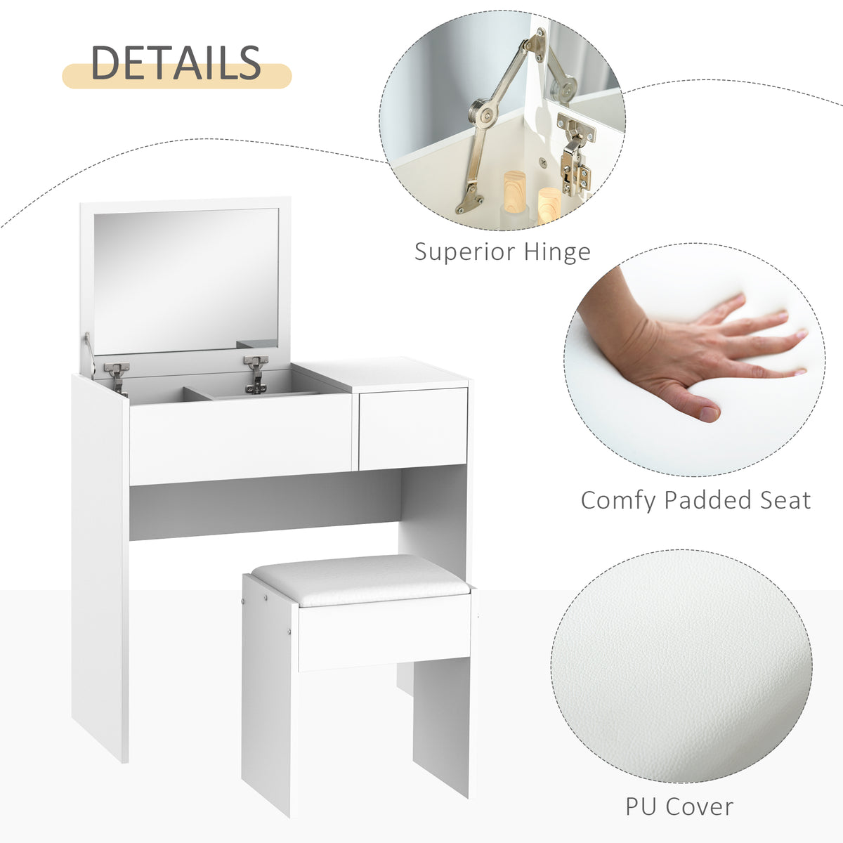 HOMCOM Flip-Top Mirror Dressing Table Set with Cushioned Stool – Vanity and Writing Desk, White