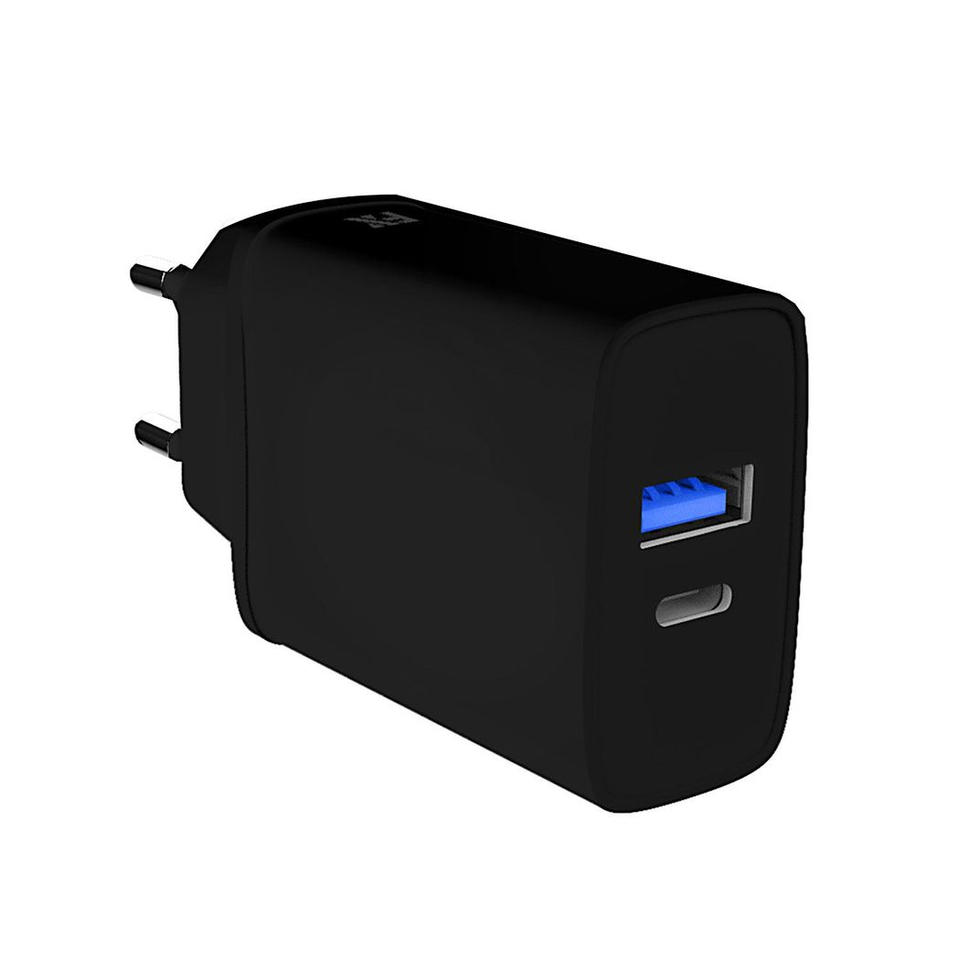 FX Dual EU Mains Charger with USB-C & USB-A Ports – Compact Travel Plug, Black