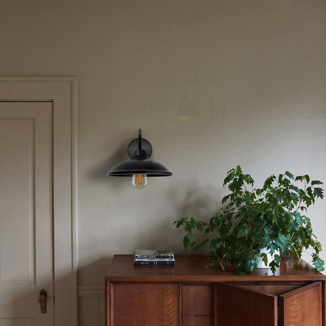 Vintage Hemisphere Wall Light with Swan Neck and E27 Socket – Dimmable Indoor Sconce, Black