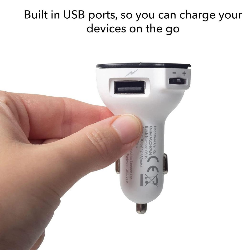 Aquarius Bluetooth Car Adapter and FM Transmitter with Hands-Free Calling – LED Display, USB Car Kit, White