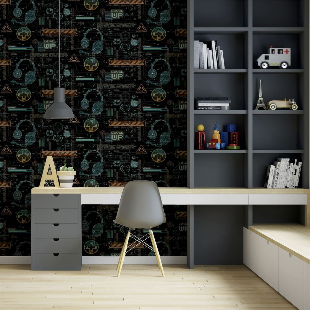 Arthouse Gamer Wallpaper with Video Glitch Graphics & Neon Signs – Paste the Paper Games Room, Multicolour