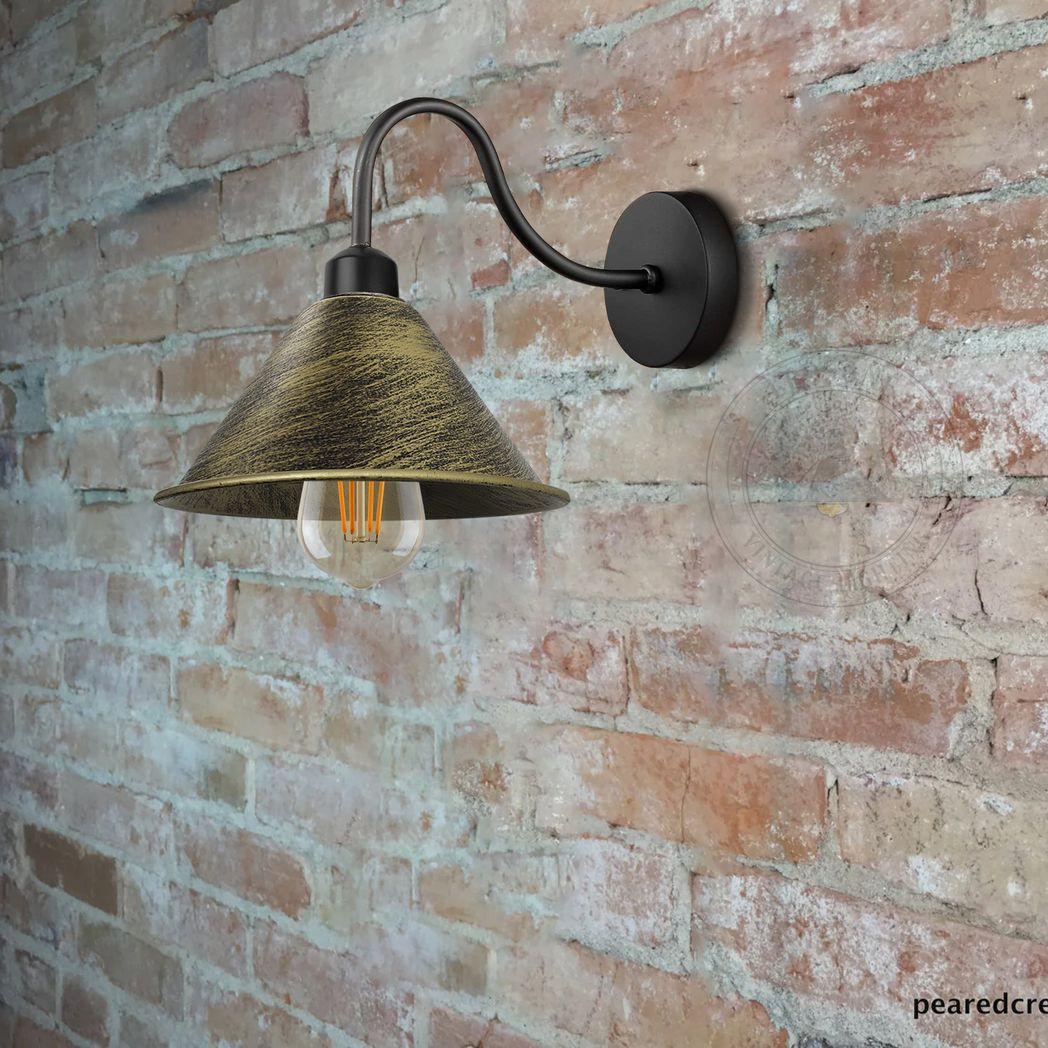 Vintage Cone Wall Light with Swan Neck and E27 Socket – Dimmable Indoor Sconce, Brushed Brass