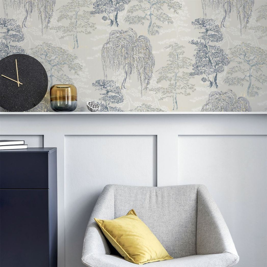Arthouse Oriental Garden Tree Print Wallpaper – Soft Blue Feature Wall Design, Paste the Paper