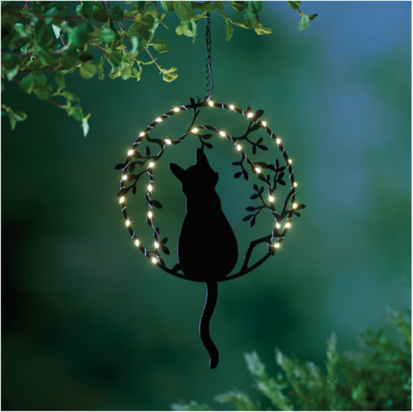 Avilo Hanging Solar Cat Garden Light with 24cm Chain – Powder-Coated Iron Outdoor Decoration