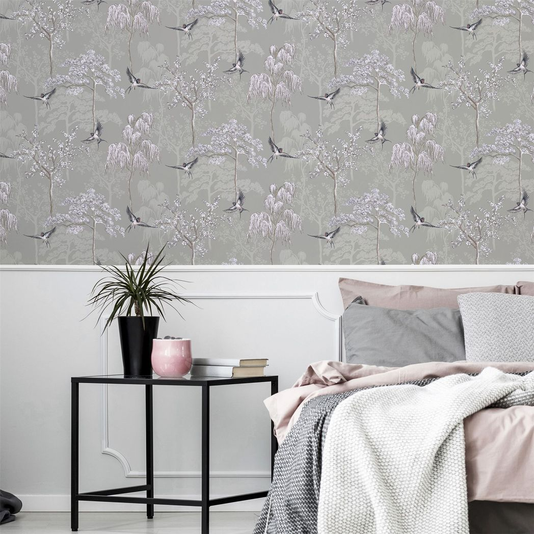 Arthouse Japanese Garden Wallpaper with Oriental Trees & Birds – Pearlescent Paste the Paper, Grey