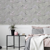 Arthouse Japanese Garden Wallpaper with Oriental Trees & Birds – Pearlescent Paste the Paper, Grey